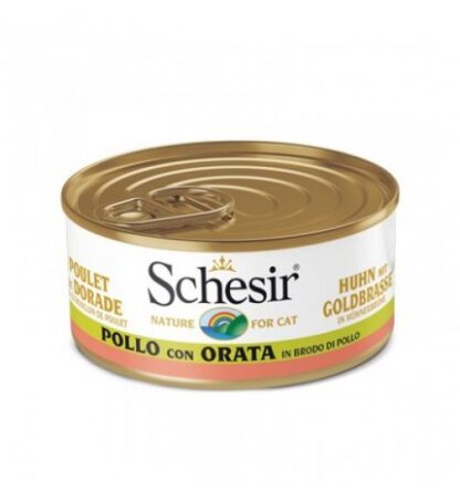 AGRAS SCHESIR GATTO FILETTI DI POLLO CON ORATA IN BRODO NATURALE DI POLLO DA 70 GR IN LATTINA