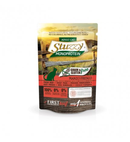 AGRAS STUZZY GATTO ADULT MONOPROTEIN GRAIN & GLUTEN FREE CON MANZO FRESCO DA 85 GR IN BUSTA
