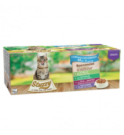 Agras stuzzy gatto sterilizzato megapack 48x85 gr in salsa con tacchino, oca e anatra, vitello e coniglio in busta