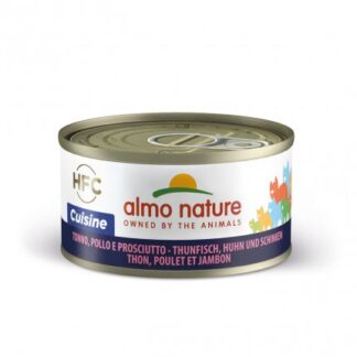 ALMO NATURE GATTO CUISINE CON TONNO POLLO E PROSCIUTTO DA 70 GR IN LATTINA