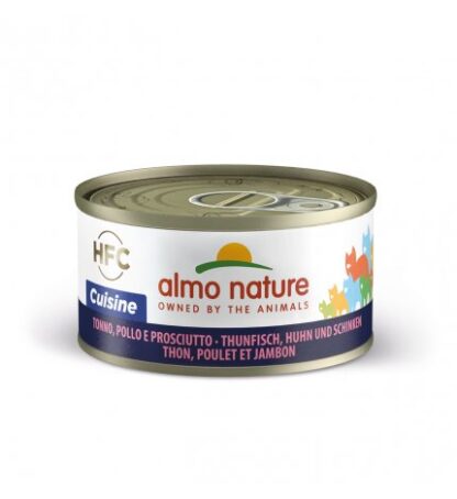 ALMO NATURE GATTO CUISINE CON TONNO POLLO E PROSCIUTTO DA 70 GR IN LATTINA