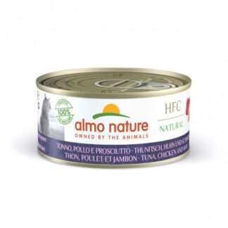 ALMO NATURE GATTO NATURAL CON TONNO POLLO PROSCIUTTO DA 150 GR IN LATTINA