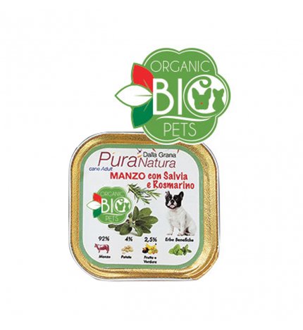 Dalla grana pura natura cane adult bio con manzo salvia e rosmarino da 150 gr in vaschetta