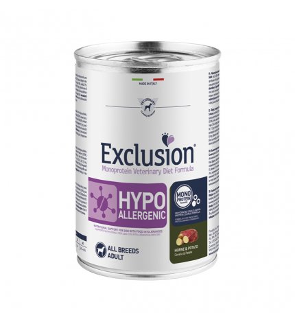 DORADO EXCLUSION CANE DIET ADULT ALL BREEDS HYPOALLERGENIC CAVALLO E PATATE DA 400 GR IN LATTINA