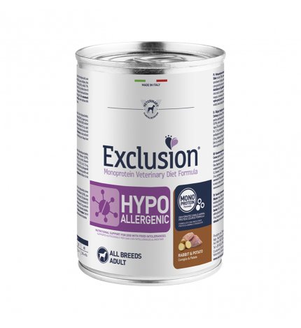 DORADO EXCLUSION CANE DIET ADULT ALL BREEDS HYPOALLERGENIC CONIGLIO E PATATE DA 400 GR IN LATTINA