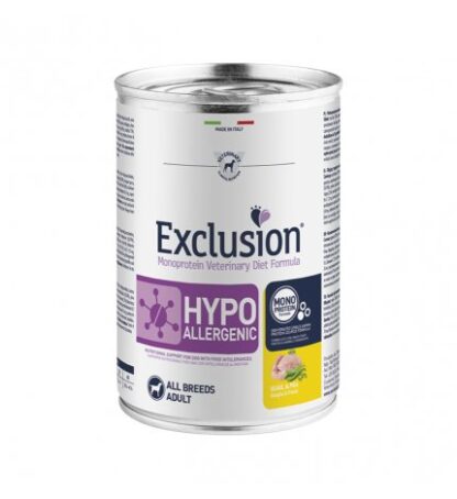 DORADO EXCLUSION CANE DIET ADULT ALL BREEDS HYPOALLERGENIC QUAGLIA E PISELLI DA 400 GR IN LATTINA