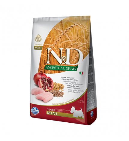 FARMINA N&D ANCESTRAL GRAIN LOW GRAIN CANE SENIOR MINI POLLO, FARRO, AVENA E MELOGRANO DA 2,5 KG