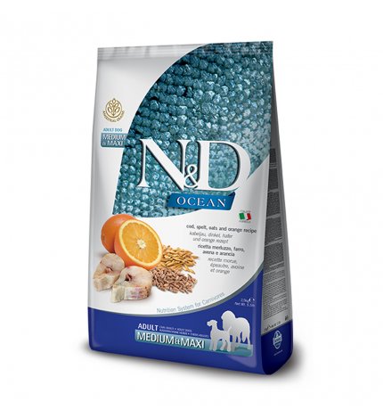 FARMINA N&D DELICIOUS CANE ADULT MEDIUM MAXI OCEAN ANCESTRAL GRAINS AL MERLUZZO FARRO AVENA E ARANCIA DA 2,5 KG