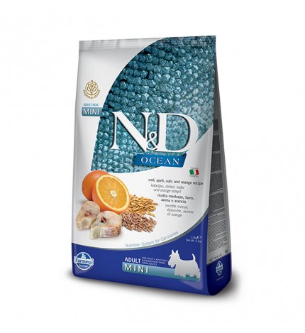 FARMINA N&D DELICIOUS CANE ADULT MINI OCEAN ANCESTRAL GRAINS AL MERLUZZO, FARRO, AVENA E ARANCIA DA 2,5 KG