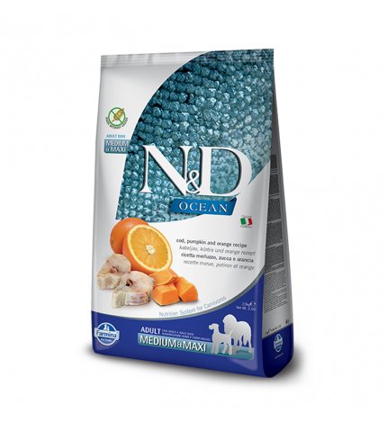 FARMINA N&D DELICIOUS GRAIN FREE CANE ADULT MEDIUM E MAXI OCEAN CON MERLUZZO ZUCCA E ARANCIA DA 2,5 KG