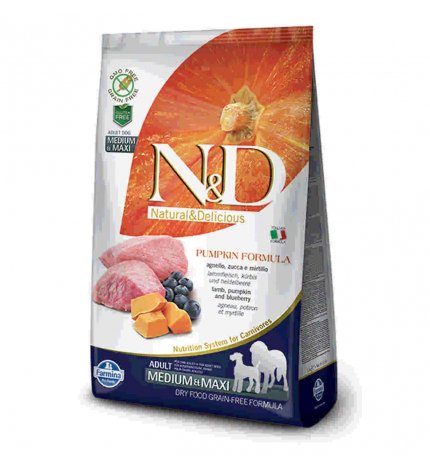 FARMINA N&D DELICIOUS GRAIN FREE CANE ADULT MEDIUM & MAXI CON AGNELLO ZUCCA MIRTILLO DA 12 KG