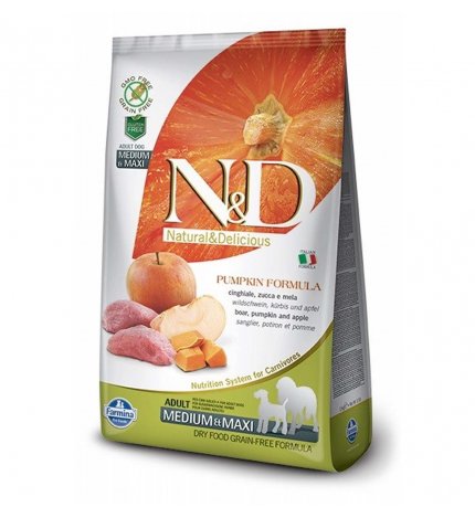 FARMINA N&D DELICIOUS GRAIN FREE CANE ADULT MEDIUM & MAXI CON CINGHIALE ZUCCA MELA DA 12 KG