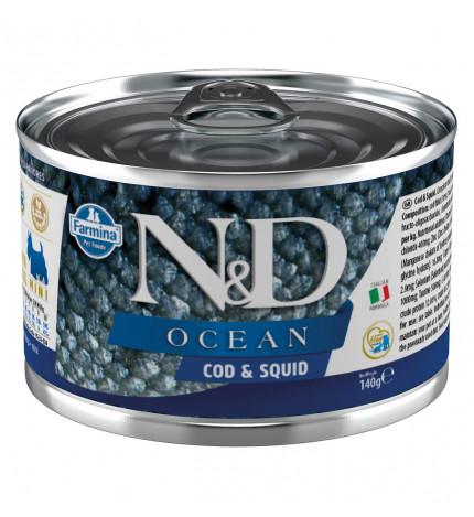 Farmina N&D Delicious Grain Free Cane Ocean con merluzzo e calamari da 140 gr in lattina
