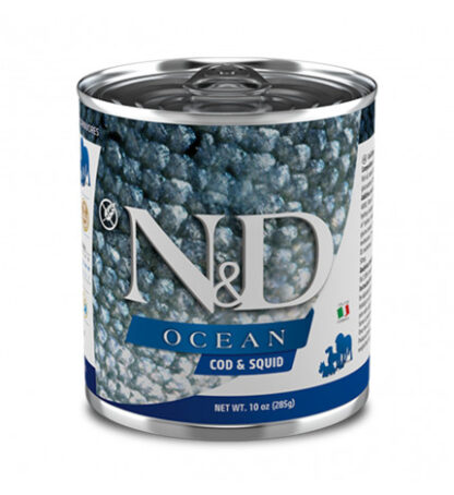 Farmina n&d delicious grain free cane ocean con merluzzo e calamari da 285 gr in lattina