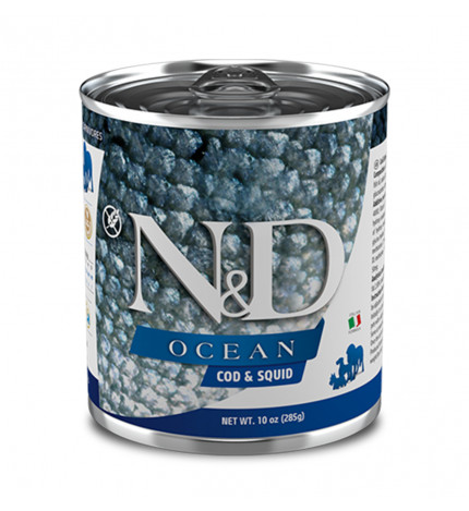 Farmina n&d delicious grain free cane ocean con merluzzo e calamari da 285 gr in lattina