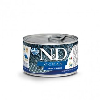 FARMINA N&D DELICIOUS GRAIN FREE CANE OCEAN CON TROTA E SALMONE DA 140 GR IN LATTINA