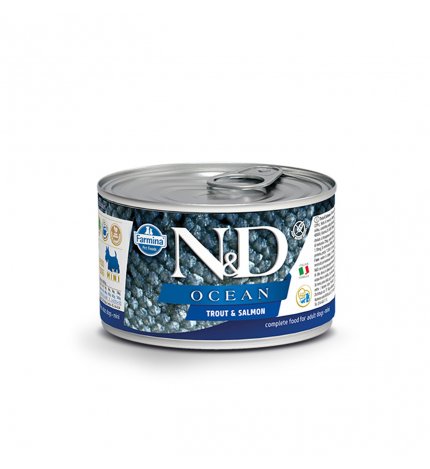 FARMINA N&D DELICIOUS GRAIN FREE CANE OCEAN CON TROTA E SALMONE DA 140 GR IN LATTINA