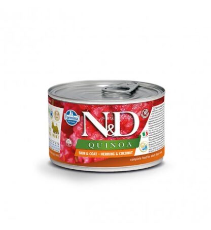 FARMINA N&D DELICIOUS GRAIN FREE CANE QUINOA SKIN & COAT CON ARINGA E COCCO DA 140 GR IN LATTINA