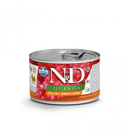 FARMINA N&D DELICIOUS GRAIN FREE CANE QUINOA SKIN & COAT CON ARINGA E COCCO DA 140 GR IN LATTINA
