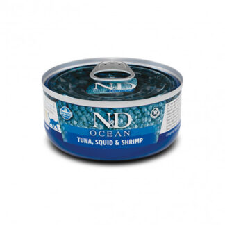 Farmina n&d delicious grain free gatto ocean con tonno calamari e gamberi da 70 gr in lattina