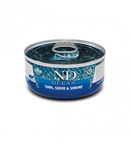 Farmina n&d delicious grain free gatto ocean con tonno calamari e gamberi da 70 gr in lattina