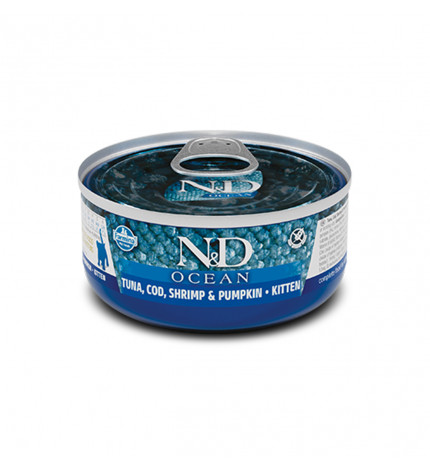 Farmina n&d delicious grain free gatto ocean kitten con tonno merluzzo gamberi e zucca da 70 gr in lattina