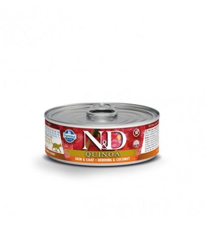 FARMINA N&D DELICIOUS GRAIN FREE GATTO QUINOA SKIN & COAT CON ARINGA E COCCO DA 80 GR IN LATTINA