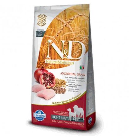 FARMINA N&D DELICIOUS LOW GRAIN CANE ADULT MEDIUM & MAXI LIGHT CON POLLO MELOGRANO DA 12 KG