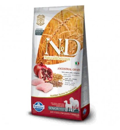 FARMINA N&D DELICIOUS LOW GRAIN CANE SENIOR MEDIUM & MAXI CON POLLO MELOGRANO DA 12 KG