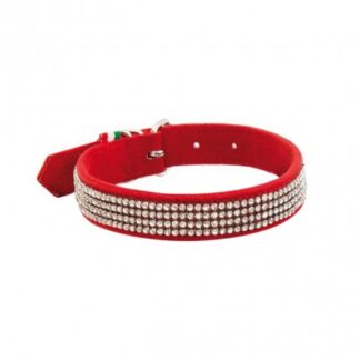 LEOPET COLLARE IN CAMOSCIO SINTETICO CON STRASS DI COLORE ROSSO MIS. 1,5 X 25 CM
