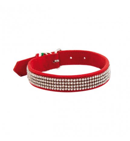 LEOPET COLLARE IN CAMOSCIO SINTETICO CON STRASS DI COLORE ROSSO MIS. 1,5 X 25 CM