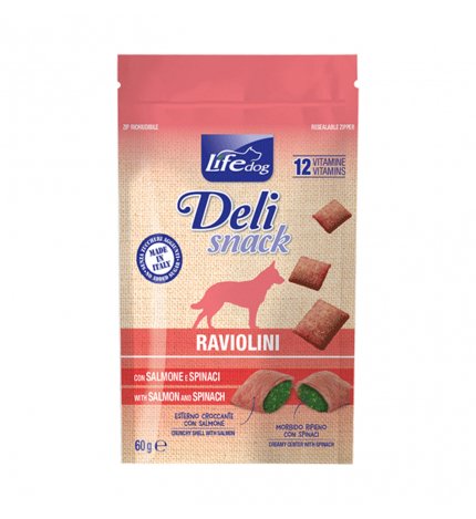 Lifepetcare cane snack life dog deli snack raviolini con salmone e spinaci da 60 gr