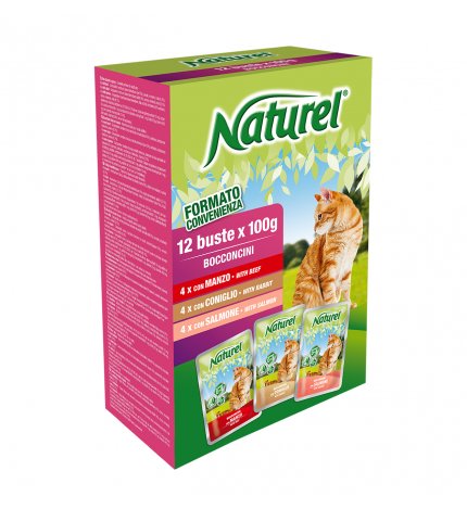 LIFEPETCARE GATTO NATUREL MULTIPACK CON BOCCONCINI AL MANZO CONIGLIO SALMONE 12 BUSTE DA 100 GR