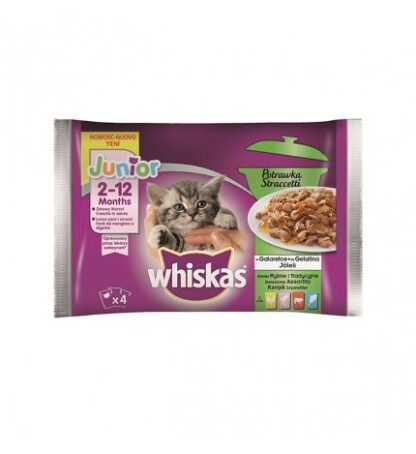 MARS WHISKAS GATTI STRACCETTI JUNIOR 2-12 MESI 4X85 G IN BUSTINE CON POLLO SALMONE MANZO E PESCE BIANCO