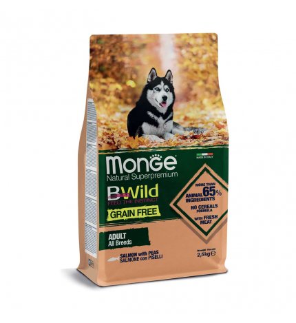 MONGE BWILD CANE ADULT ALL BREEDS GRAIN FREE AL SALMONE CON PISELLI DA 2,5 KG