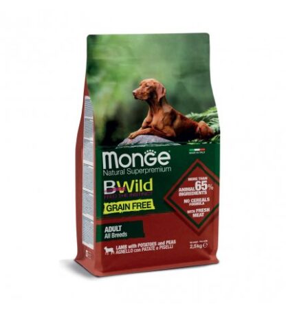 MONGE BWILD CANE ADULT ALL BREEDS GRAIN FREE ALL' AGNELLO PATATE E PISELLI DA 2,5 KG