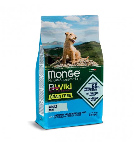 MONGE BWILD CANE ADULT MINI GRAIN FREE ALLE ACCIUGHE PATATE E PISELLI DA 2,5 KG