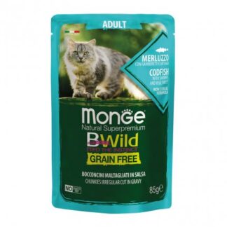 MONGE BWILD GATTO ADULT AL MERLUZZO CON GAMBERETTI E ORTAGGI DA 85 GR IN BUSTA