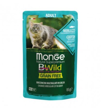 MONGE BWILD GATTO ADULT AL MERLUZZO CON GAMBERETTI E ORTAGGI DA 85 GR IN BUSTA