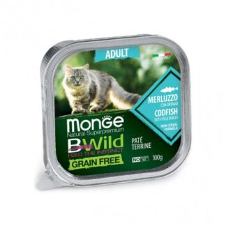 MONGE BWILD GATTO ADULT AL MERLUZZO CON ORTAGGI DA 100 GR IN VASCHETTA