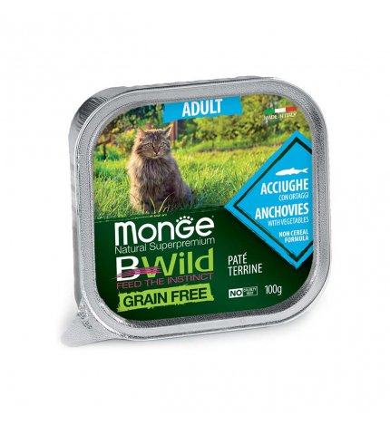 MONGE BWILD GATTO ADULT ALLE ACCIUGHE CON ORTAGGI DA 100 GR IN VASCHETTA