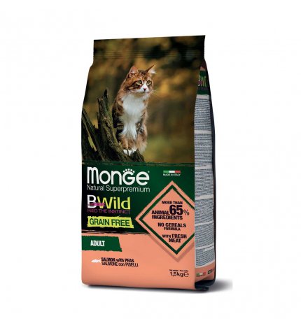 MONGE BWILD GATTO ADULT GRAIN FREE SALMONE CON PISELLI DA 1,5 KG