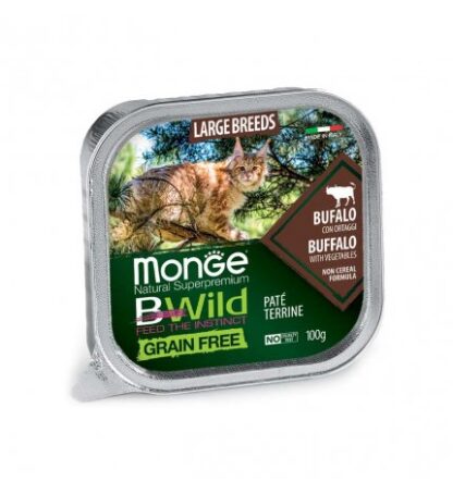 MONGE BWILD GATTO LARGE BREEDS AL BUFALO CON ORTAGGI DA 100 GR IN VASCHETTA