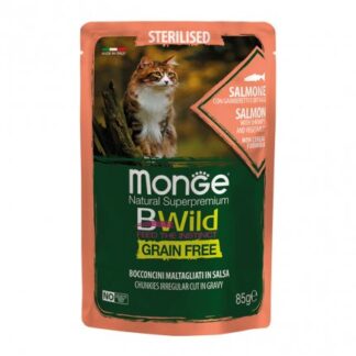 MONGE BWILD GATTO STERILIZZATO AL SALMONE CON GAMBERETTI E ORTAGGI DA 85 GR IN BUSTA