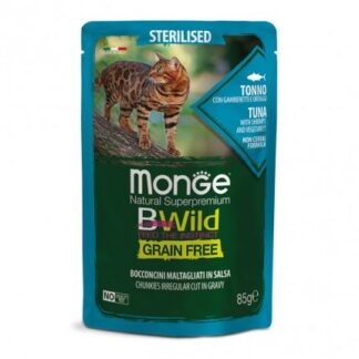 MONGE BWILD GATTO STERILIZZATO AL TONNO CON GAMBERETTI E ORTAGGI DA 85 GR IN BUSTA