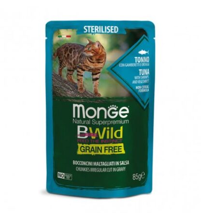 MONGE BWILD GATTO STERILIZZATO AL TONNO CON GAMBERETTI E ORTAGGI DA 85 GR IN BUSTA