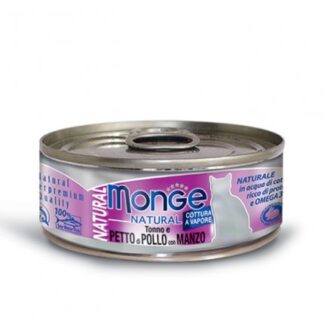 MONGE GATTO NATURAL AL TONNO PETTO DI POLLO CON MANZO DA 80 GR IN LATTINA