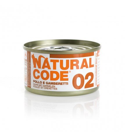 NATURAL CODE GATTO 02 POLLO E GAMBERETTI IN ACQUA DI COTTURA DA 85 GR IN LATTINA