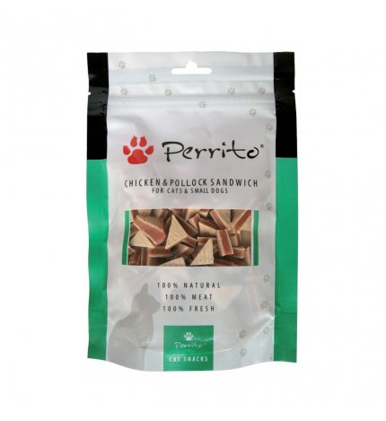 Perrito cane e gatto quadratini sandwich di pollo e merluzzo nero da 100 gr