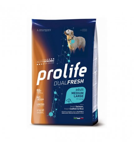 PROLIFE CANE ADULT MEDIUM LARGE DUAL FRESH AL SALMONE, MERLUZZO E RISO DA 12 KG